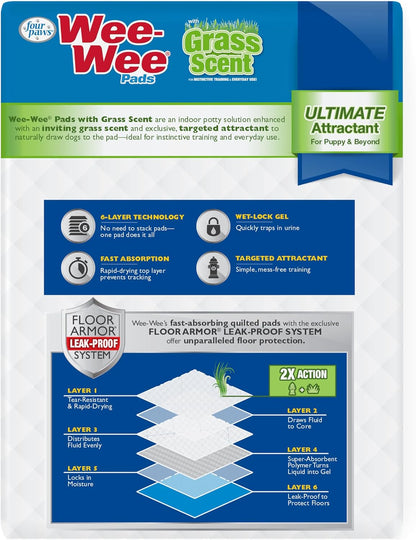 Wee-Wee Ultimate Attractant Grass Scented Pee Pads for Dogs & Puppies, Leak-Proof Dog Housebreaking Instinctive Potty Training Floor Protection, 22" x 23", 100 Count