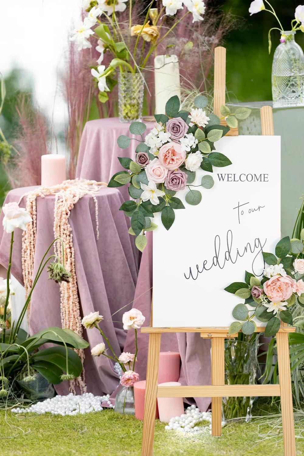 (Pack of 2 Artificial Flowers Decorations, Wedding Flowers, Wedding, Banquet, Party, Reception Entrance Welcome Sign and Background Decoration(White)
