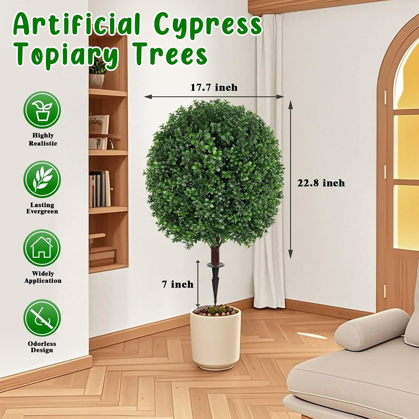 Artificial 28.7 Inches Cedar Topiary Trees with Ground Spike, 2 Pieces Fake Pine Shrubs Bushes, UV Resistant Faux Evergreen Cypress Tree Plants for Indoor Outdoor