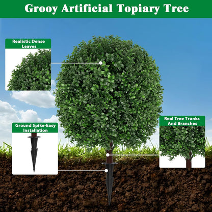 Artificial 28.7 Inches Cedar Topiary Trees with Ground Spike, 2 Pieces Fake Pine Shrubs Bushes, UV Resistant Faux Evergreen Cypress Tree Plants for Indoor Outdoor
