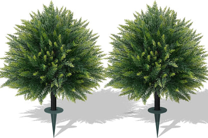 Artificial 28.7 Inches Cedar Topiary Trees with Ground Spike, 2 Pieces Fake Pine Shrubs Bushes, UV Resistant Faux Evergreen Cypress Tree Plants for Indoor Outdoor