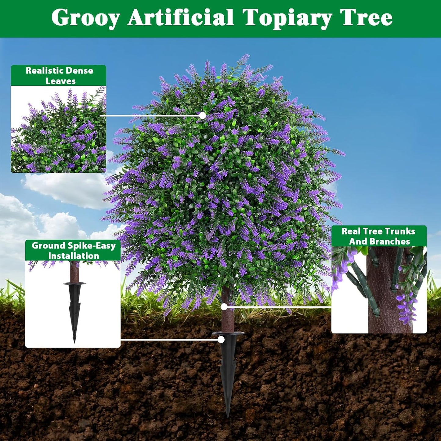 Artificial 28.7 Inches Cedar Topiary Trees with Ground Spike, 2 Pieces Fake Pine Shrubs Bushes, UV Resistant Faux Evergreen Cypress Tree Plants for Indoor Outdoor