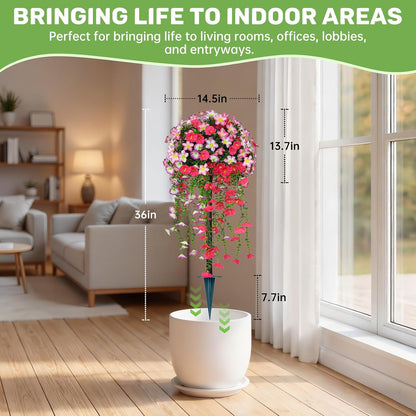 Artificial 28.7 Inches Cedar Topiary Trees with Ground Spike, 2 Pieces Fake Pine Shrubs Bushes, UV Resistant Faux Evergreen Cypress Tree Plants for Indoor Outdoor