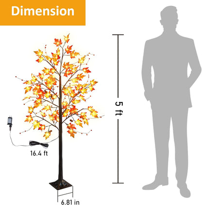 FORUP LED Lighted Maple Tree, 4 FT Lighted Artificial Tree for Thanksgiving Harvest Fall Festival Halloween Home Party Decoration
