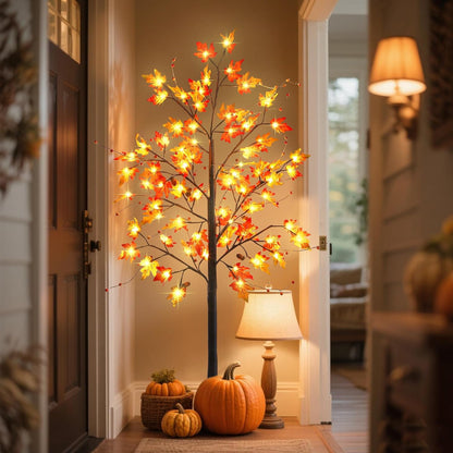 FORUP LED Lighted Maple Tree, 4 FT Lighted Artificial Tree for Thanksgiving Harvest Fall Festival Halloween Home Party Decoration