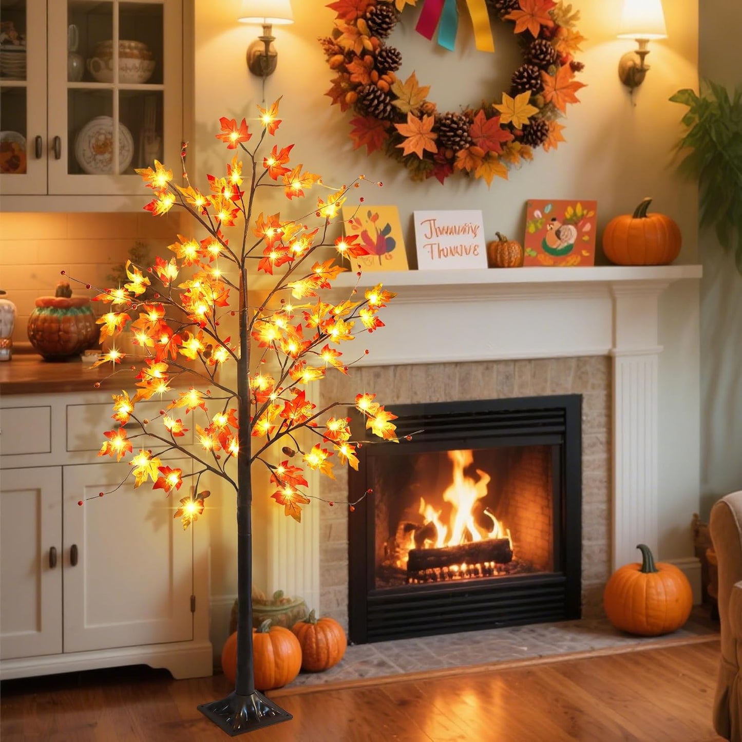 FORUP LED Lighted Maple Tree, 4 FT Lighted Artificial Tree for Thanksgiving Harvest Fall Festival Halloween Home Party Decoration
