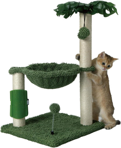 Cat Tree for Indoor Cats 35" Tall Cat Scratching Post with Large Cat Hammcok and Hanging Ball Toys Plant Green