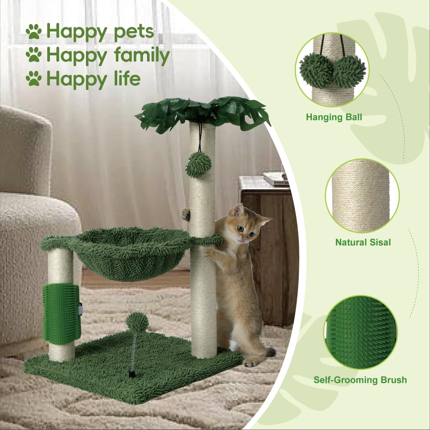 Cat Tree for Indoor Cats 35" Tall Cat Scratching Post with Large Cat Hammcok and Hanging Ball Toys Plant Green