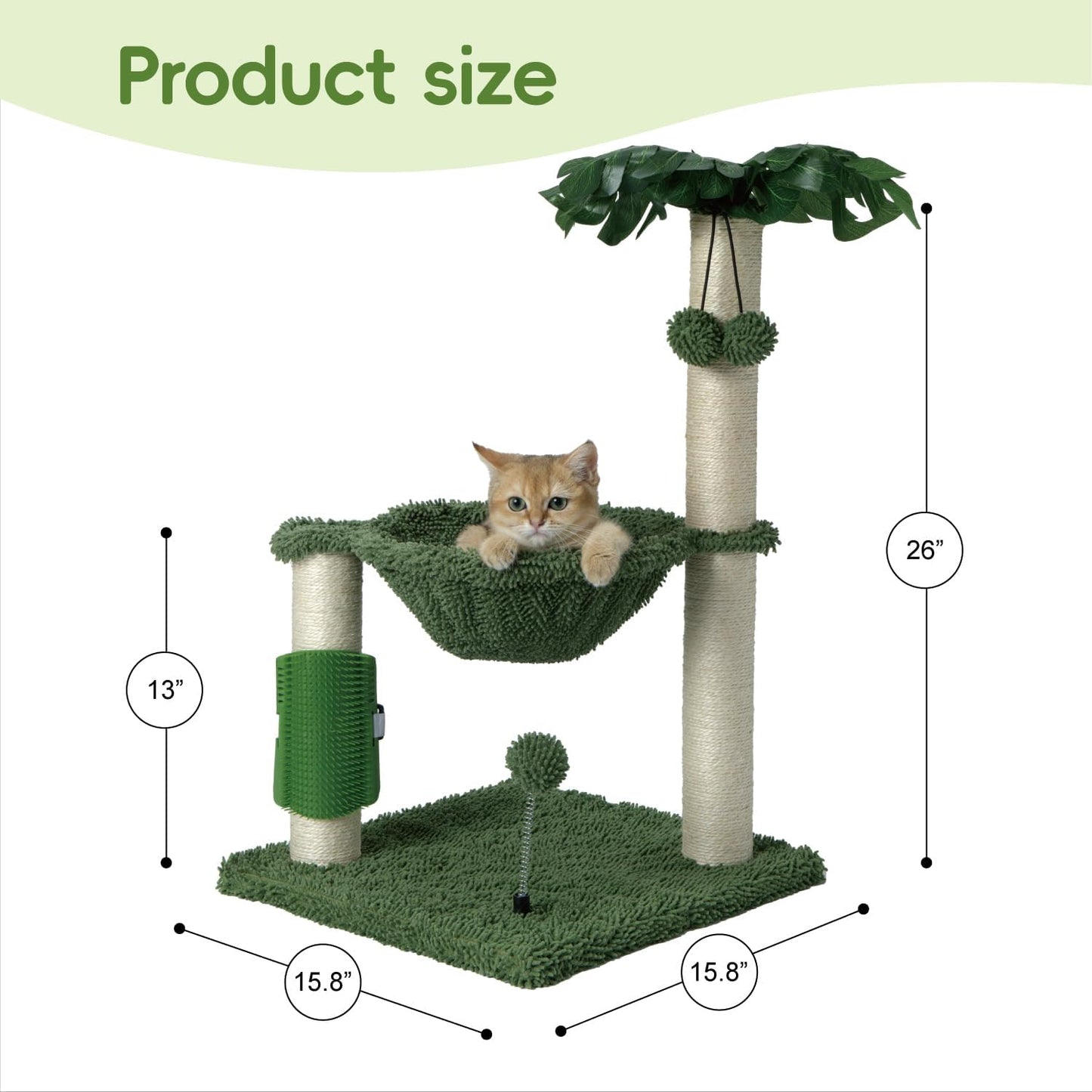 Cat Tree for Indoor Cats 35" Tall Cat Scratching Post with Large Cat Hammcok and Hanging Ball Toys Plant Green