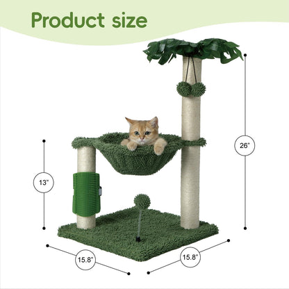Cat Tree for Indoor Cats 35" Tall Cat Scratching Post with Large Cat Hammcok and Hanging Ball Toys Plant Green