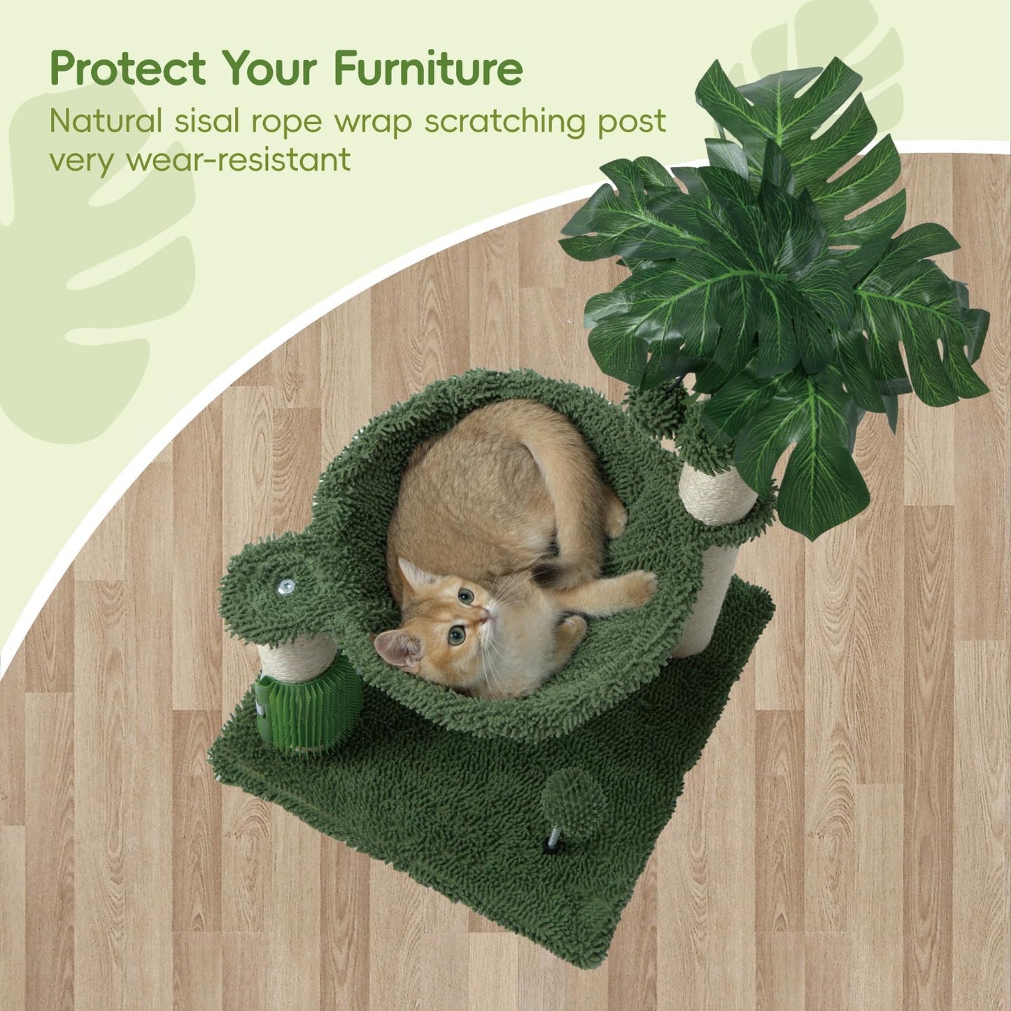 Cat Tree for Indoor Cats 35" Tall Cat Scratching Post with Large Cat Hammcok and Hanging Ball Toys Plant Green