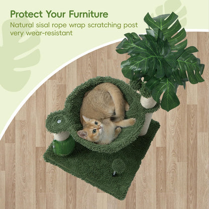 Cat Tree for Indoor Cats 35" Tall Cat Scratching Post with Large Cat Hammcok and Hanging Ball Toys Plant Green