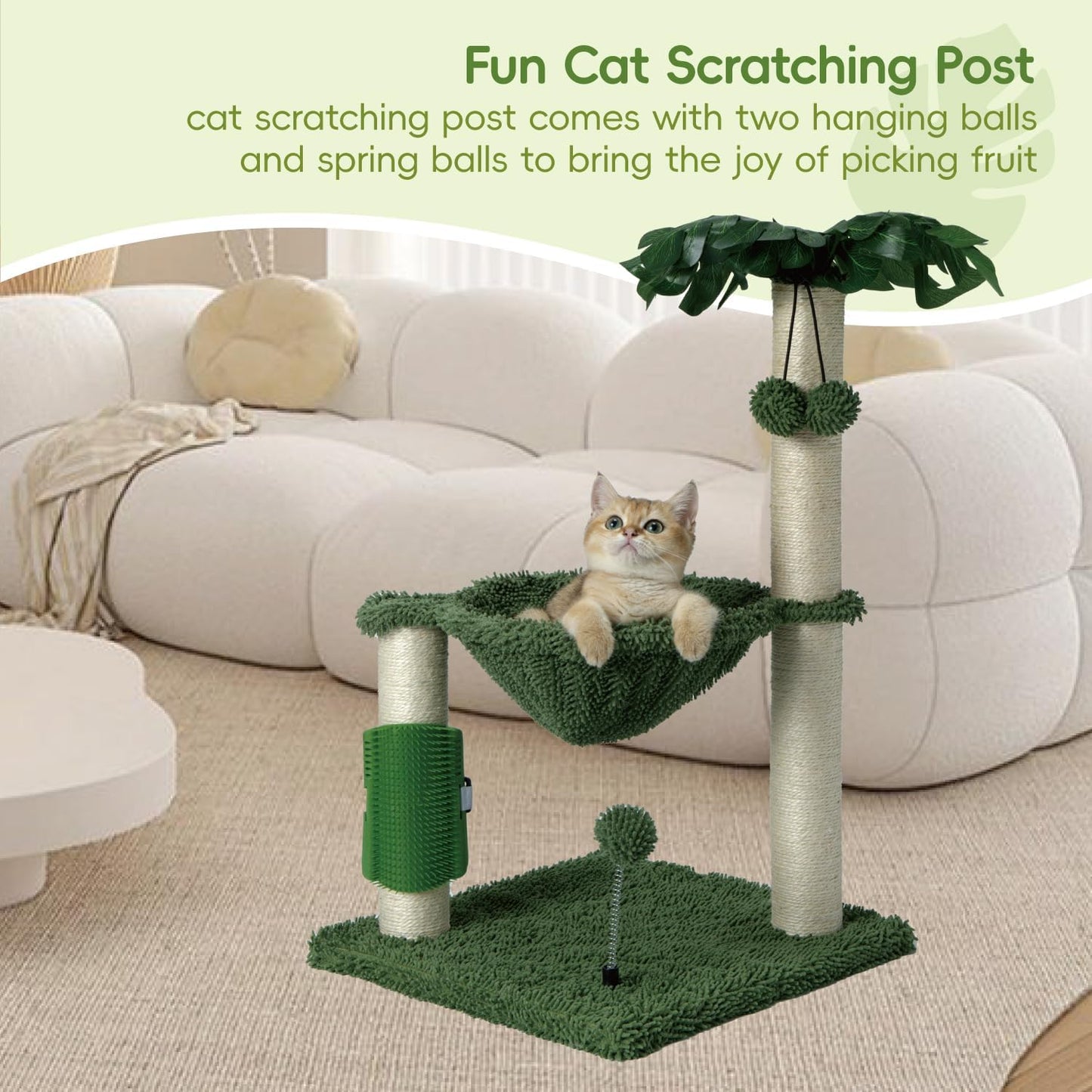 Cat Tree for Indoor Cats 35" Tall Cat Scratching Post with Large Cat Hammcok and Hanging Ball Toys Plant Green
