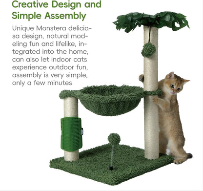 Cat Tree for Indoor Cats 35" Tall Cat Scratching Post with Large Cat Hammcok and Hanging Ball Toys Plant Green