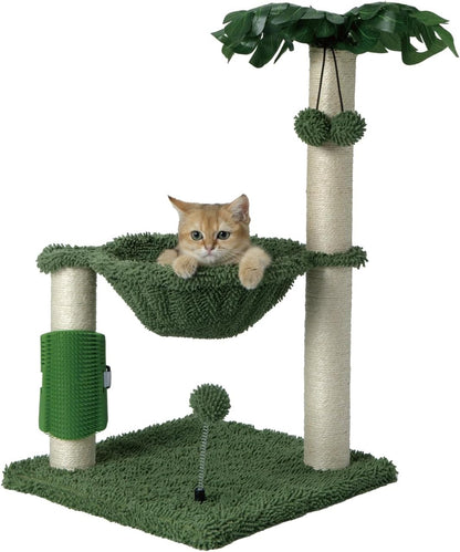Cat Tree for Indoor Cats 35" Tall Cat Scratching Post with Large Cat Hammcok and Hanging Ball Toys Plant Green