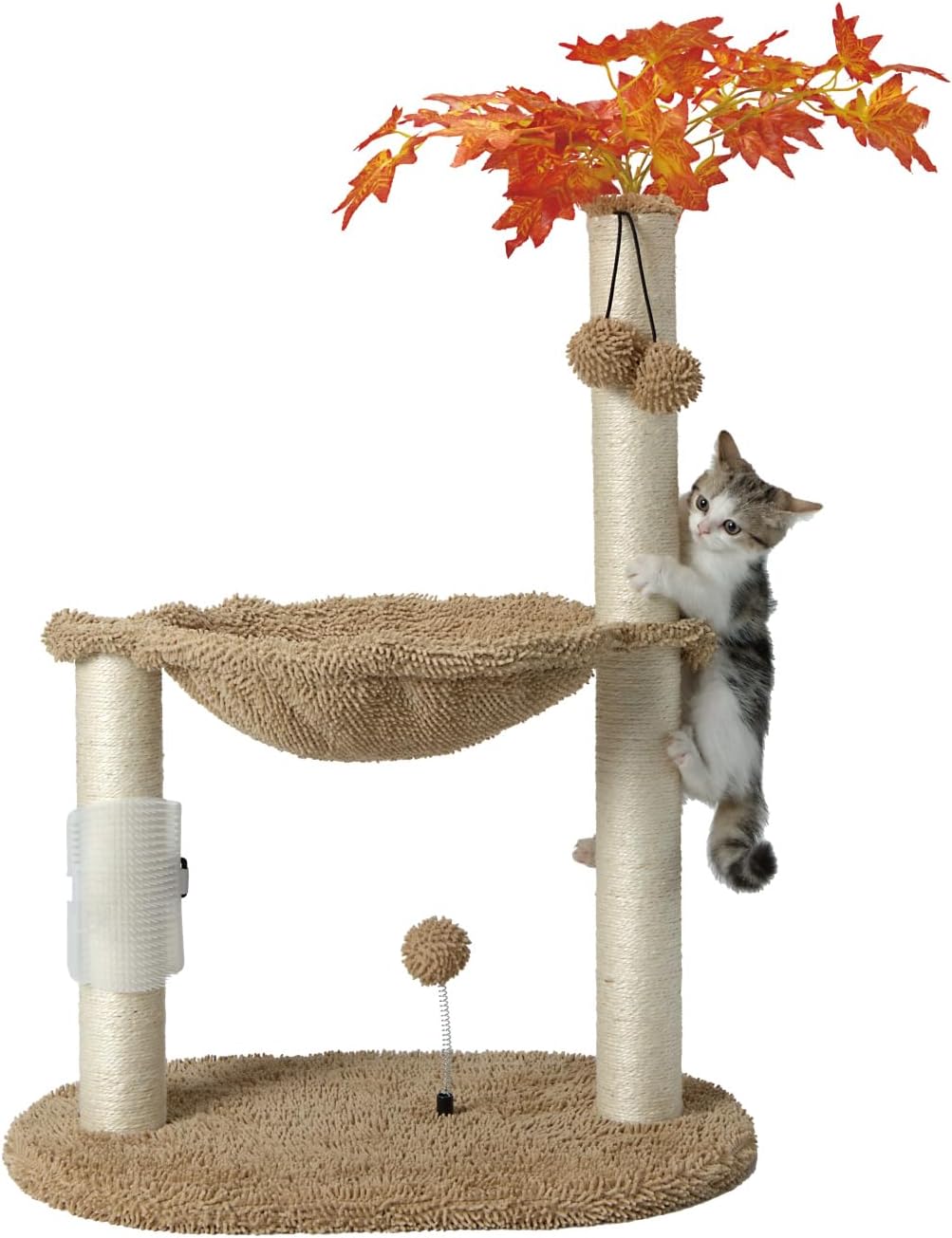 Cat Tree for Indoor Cats 35" Tall Cat Scratching Post with Large Cat Hammcok and Hanging Ball Toys Plant Green