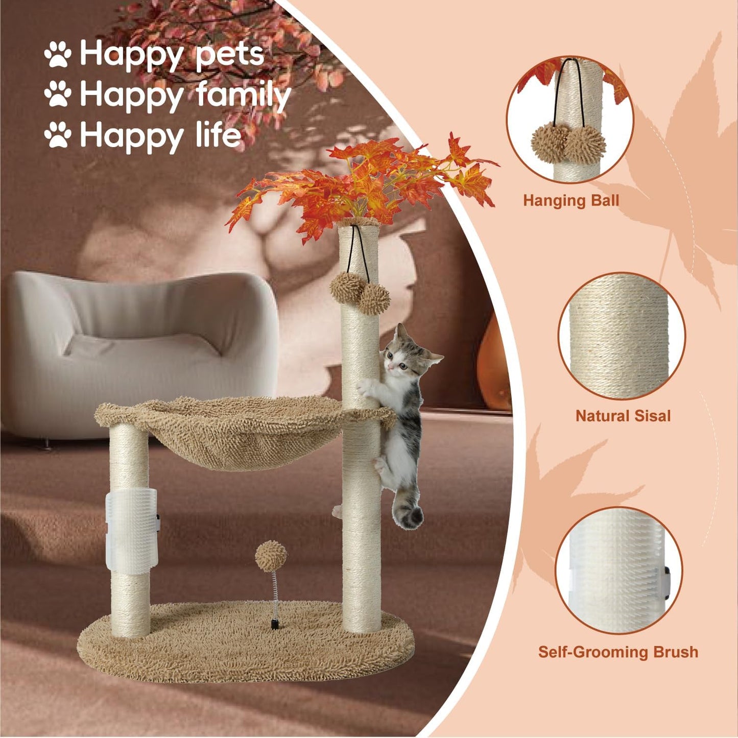Cat Tree for Indoor Cats 35" Tall Cat Scratching Post with Large Cat Hammcok and Hanging Ball Toys Plant Green