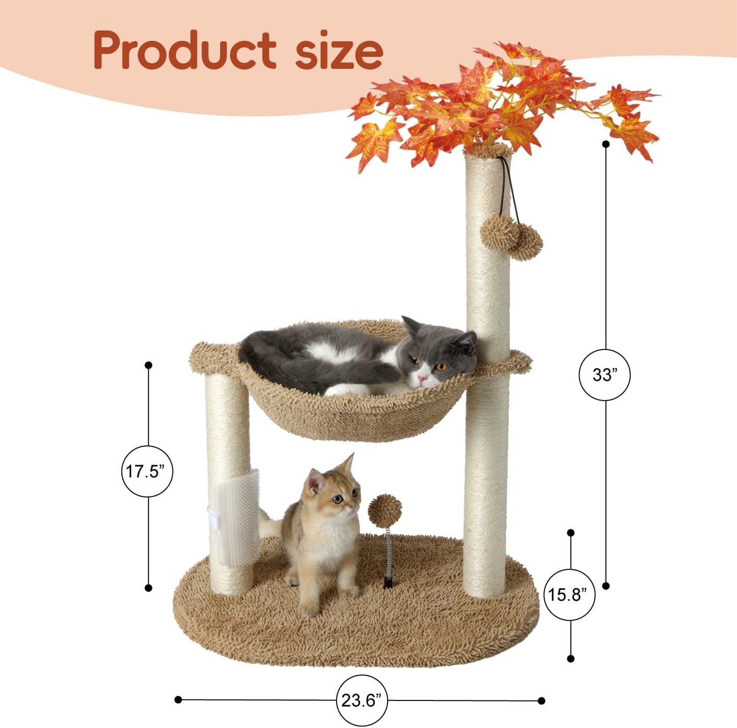 Cat Tree for Indoor Cats 35" Tall Cat Scratching Post with Large Cat Hammcok and Hanging Ball Toys Plant Green