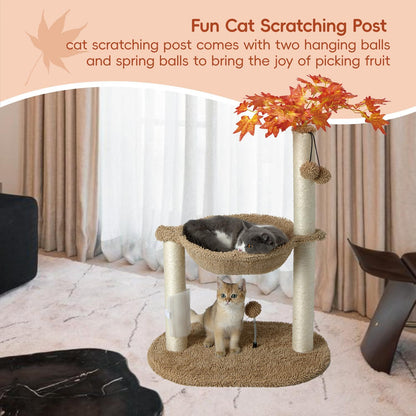 Cat Tree for Indoor Cats 35" Tall Cat Scratching Post with Large Cat Hammcok and Hanging Ball Toys Plant Green