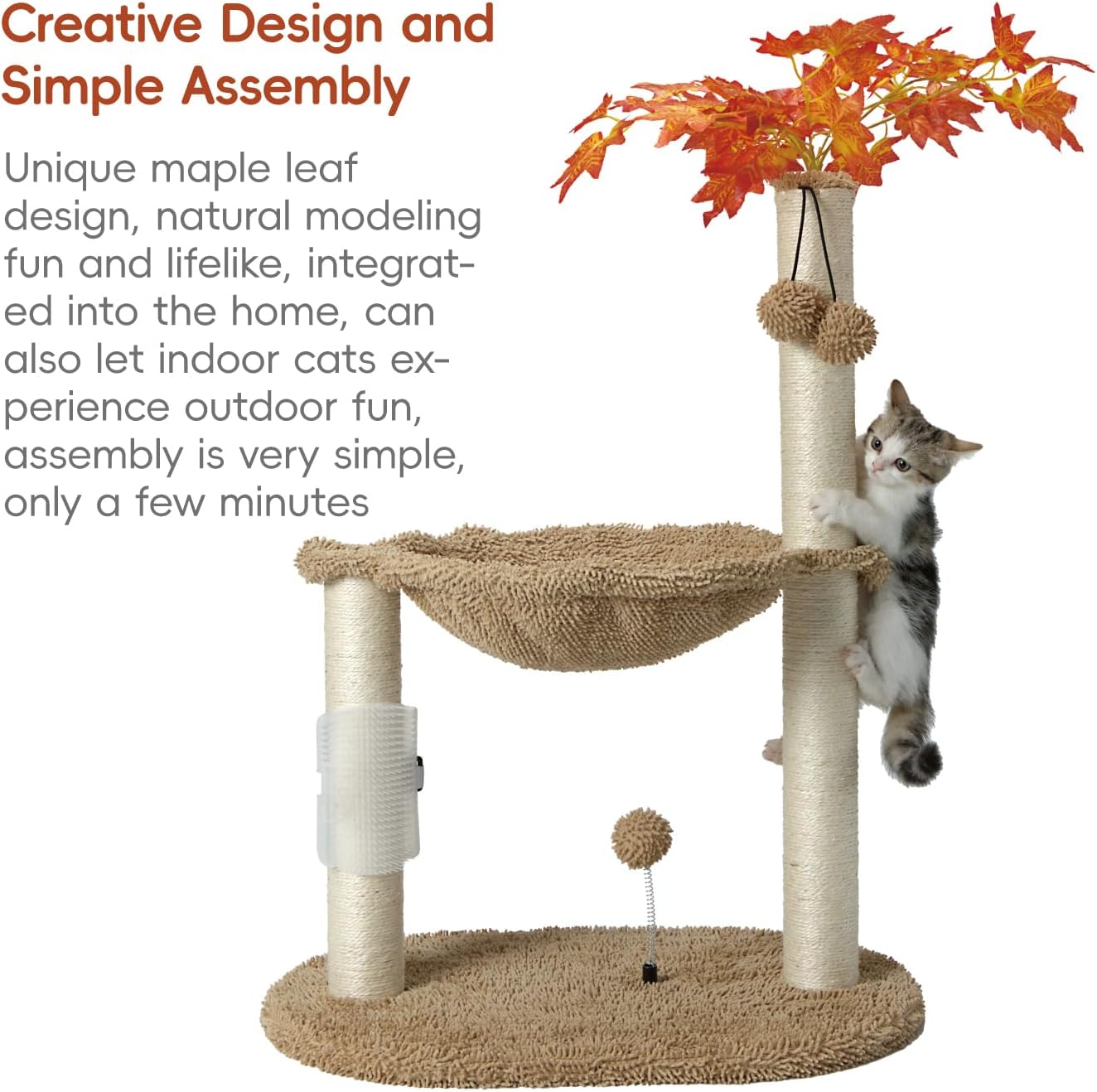 Cat Tree for Indoor Cats 35" Tall Cat Scratching Post with Large Cat Hammcok and Hanging Ball Toys Plant Green