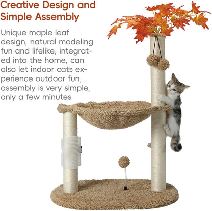 Cat Tree for Indoor Cats 35" Tall Cat Scratching Post with Large Cat Hammcok and Hanging Ball Toys Plant Green