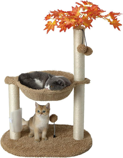Cat Tree for Indoor Cats 35" Tall Cat Scratching Post with Large Cat Hammcok and Hanging Ball Toys Plant Green