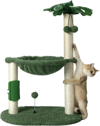 Cat Tree for Indoor Cats 35" Tall Cat Scratching Post with Large Cat Hammcok and Hanging Ball Toys Plant Green