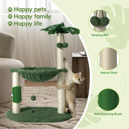 Cat Tree for Indoor Cats 35" Tall Cat Scratching Post with Large Cat Hammcok and Hanging Ball Toys Plant Green