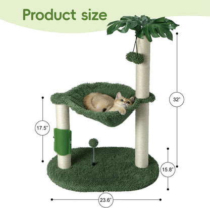 Cat Tree for Indoor Cats 35" Tall Cat Scratching Post with Large Cat Hammcok and Hanging Ball Toys Plant Green