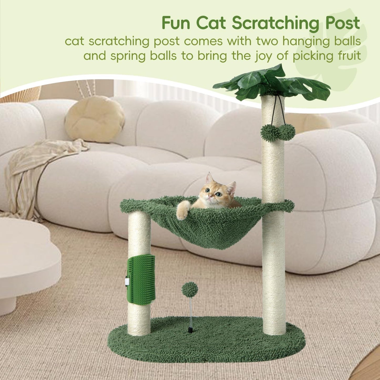Cat Tree for Indoor Cats 35" Tall Cat Scratching Post with Large Cat Hammcok and Hanging Ball Toys Plant Green