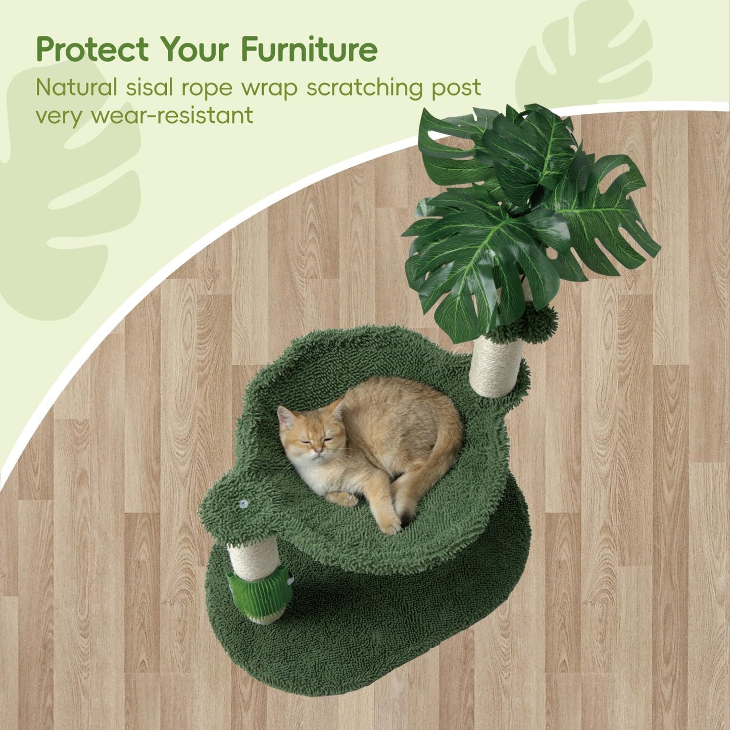 Cat Tree for Indoor Cats 35" Tall Cat Scratching Post with Large Cat Hammcok and Hanging Ball Toys Plant Green