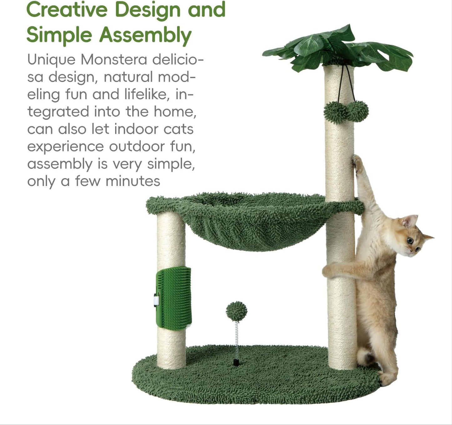 Cat Tree for Indoor Cats 35" Tall Cat Scratching Post with Large Cat Hammcok and Hanging Ball Toys Plant Green