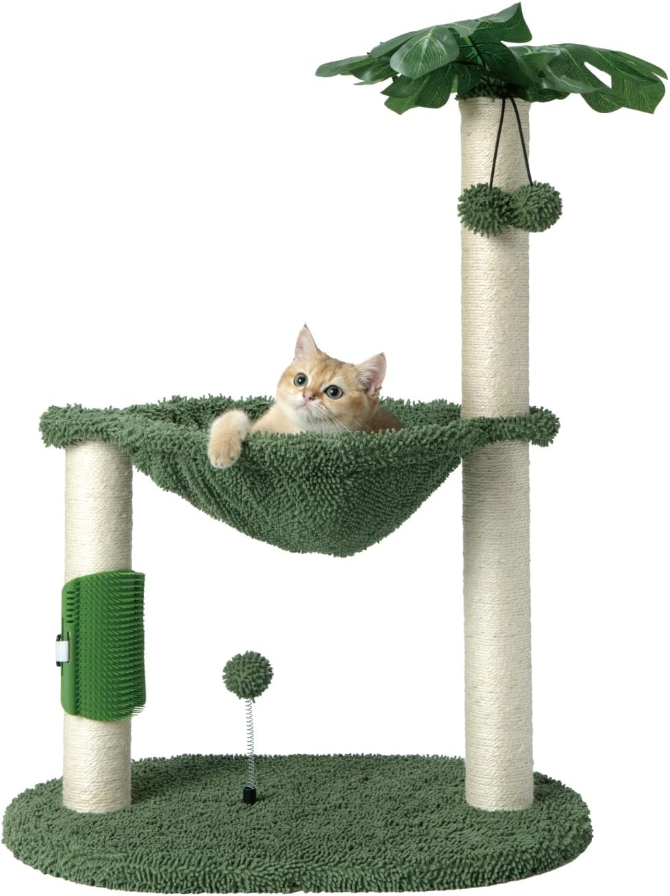 Cat Tree for Indoor Cats 35" Tall Cat Scratching Post with Large Cat Hammcok and Hanging Ball Toys Plant Green