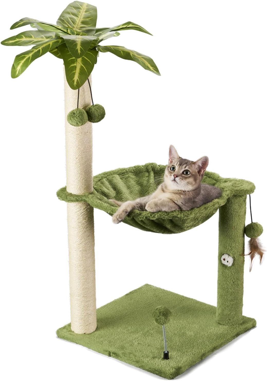 Cat Tree for Indoor Cats 35" Tall Cat Scratching Post with Large Cat Hammcok and Hanging Ball Toys Plant Green