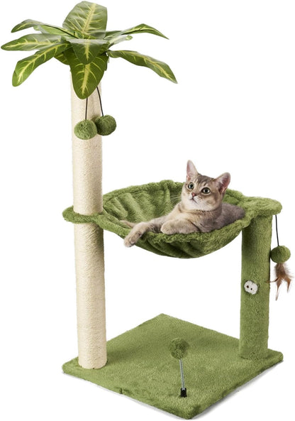 Cat Tree for Indoor Cats 35" Tall Cat Scratching Post with Large Cat Hammcok and Hanging Ball Toys Plant Green