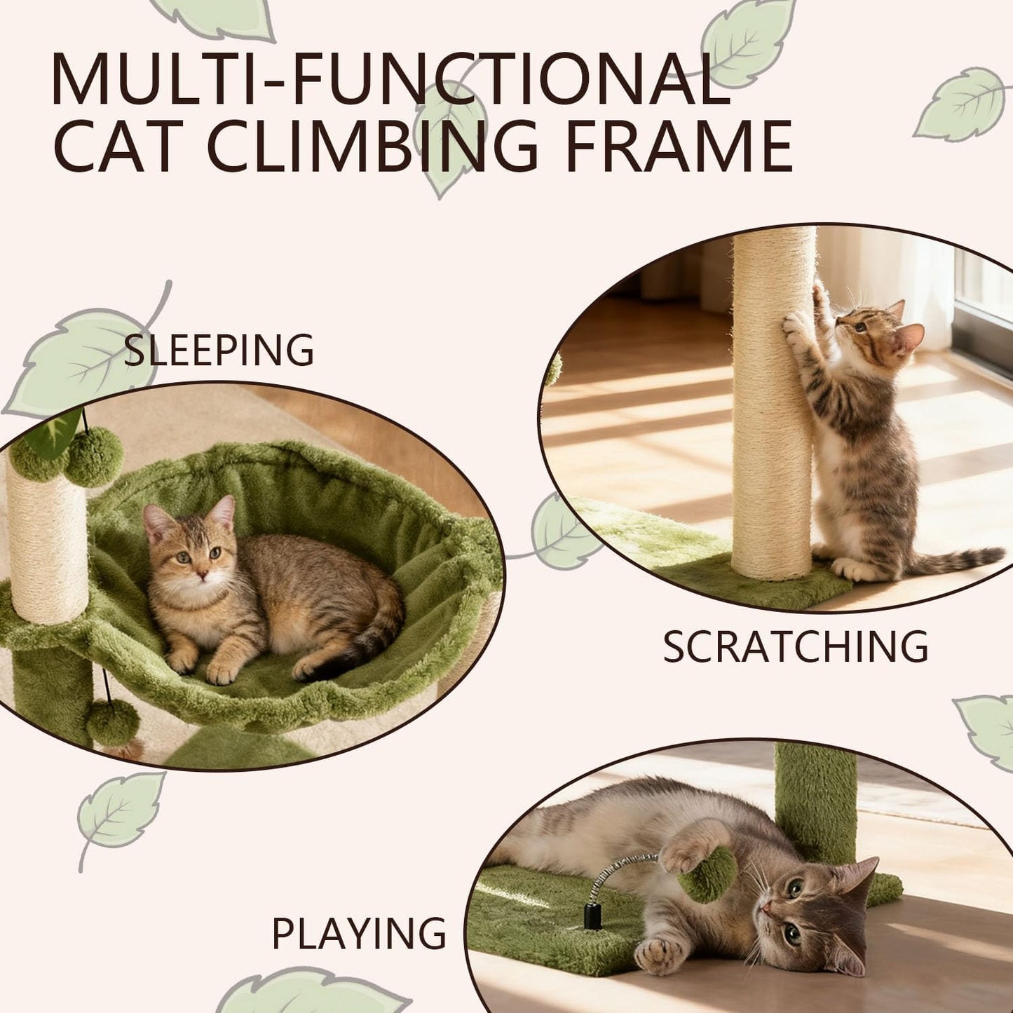 Cat Tree for Indoor Cats 35" Tall Cat Scratching Post with Large Cat Hammcok and Hanging Ball Toys Plant Green
