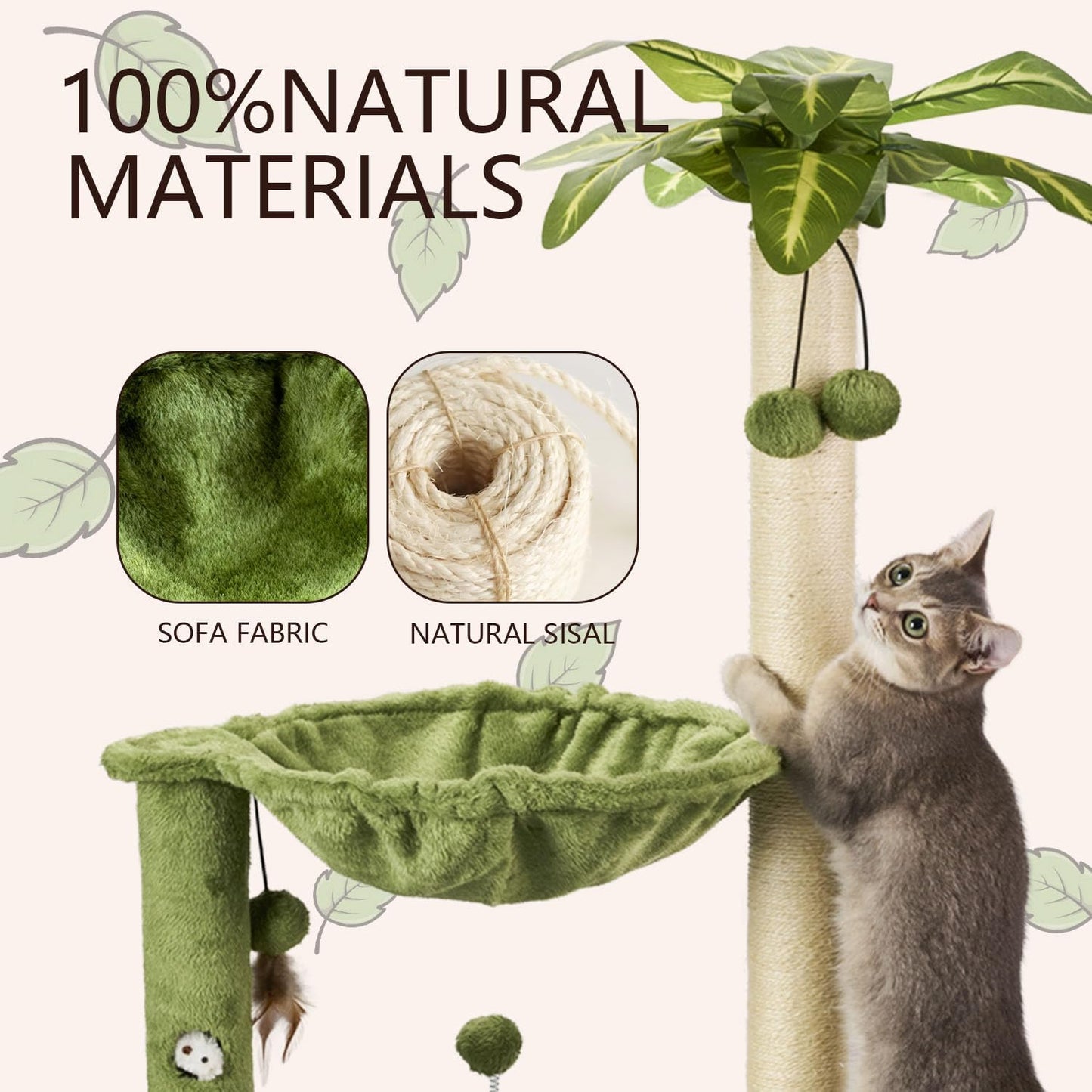 Cat Tree for Indoor Cats 35" Tall Cat Scratching Post with Large Cat Hammcok and Hanging Ball Toys Plant Green