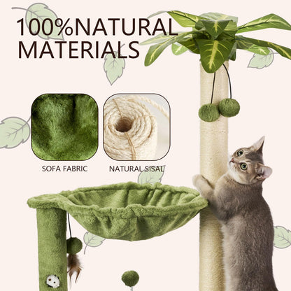 Cat Tree for Indoor Cats 35" Tall Cat Scratching Post with Large Cat Hammcok and Hanging Ball Toys Plant Green