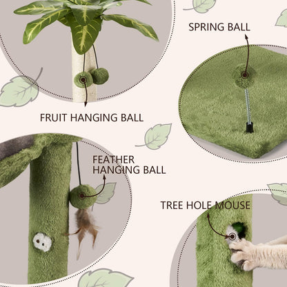Cat Tree for Indoor Cats 35" Tall Cat Scratching Post with Large Cat Hammcok and Hanging Ball Toys Plant Green
