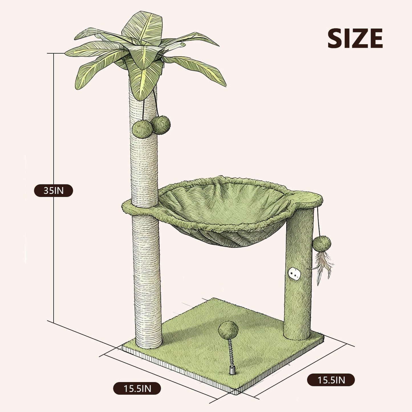 Cat Tree for Indoor Cats 35" Tall Cat Scratching Post with Large Cat Hammcok and Hanging Ball Toys Plant Green