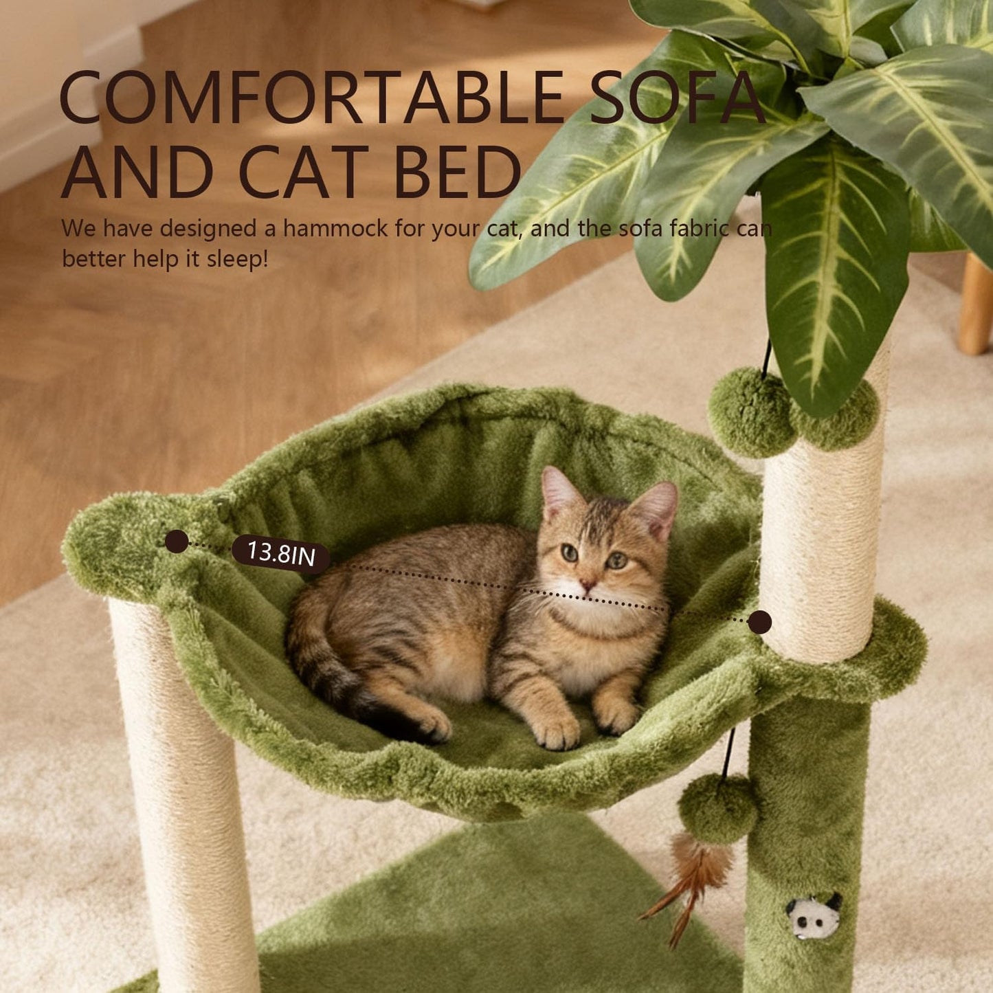 Cat Tree for Indoor Cats 35" Tall Cat Scratching Post with Large Cat Hammcok and Hanging Ball Toys Plant Green
