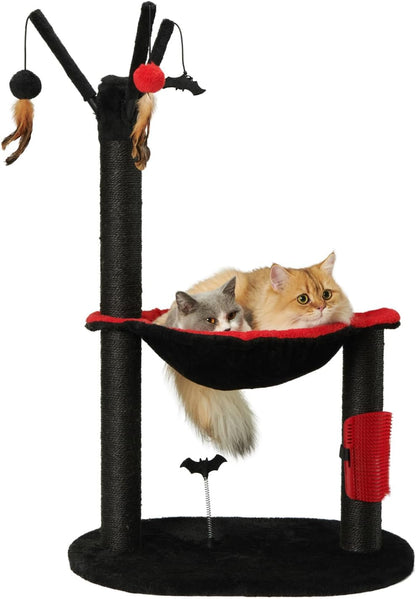 Cat Tree for Indoor Cats 35" Tall Cat Scratching Post with Large Cat Hammcok and Hanging Ball Toys Plant Green