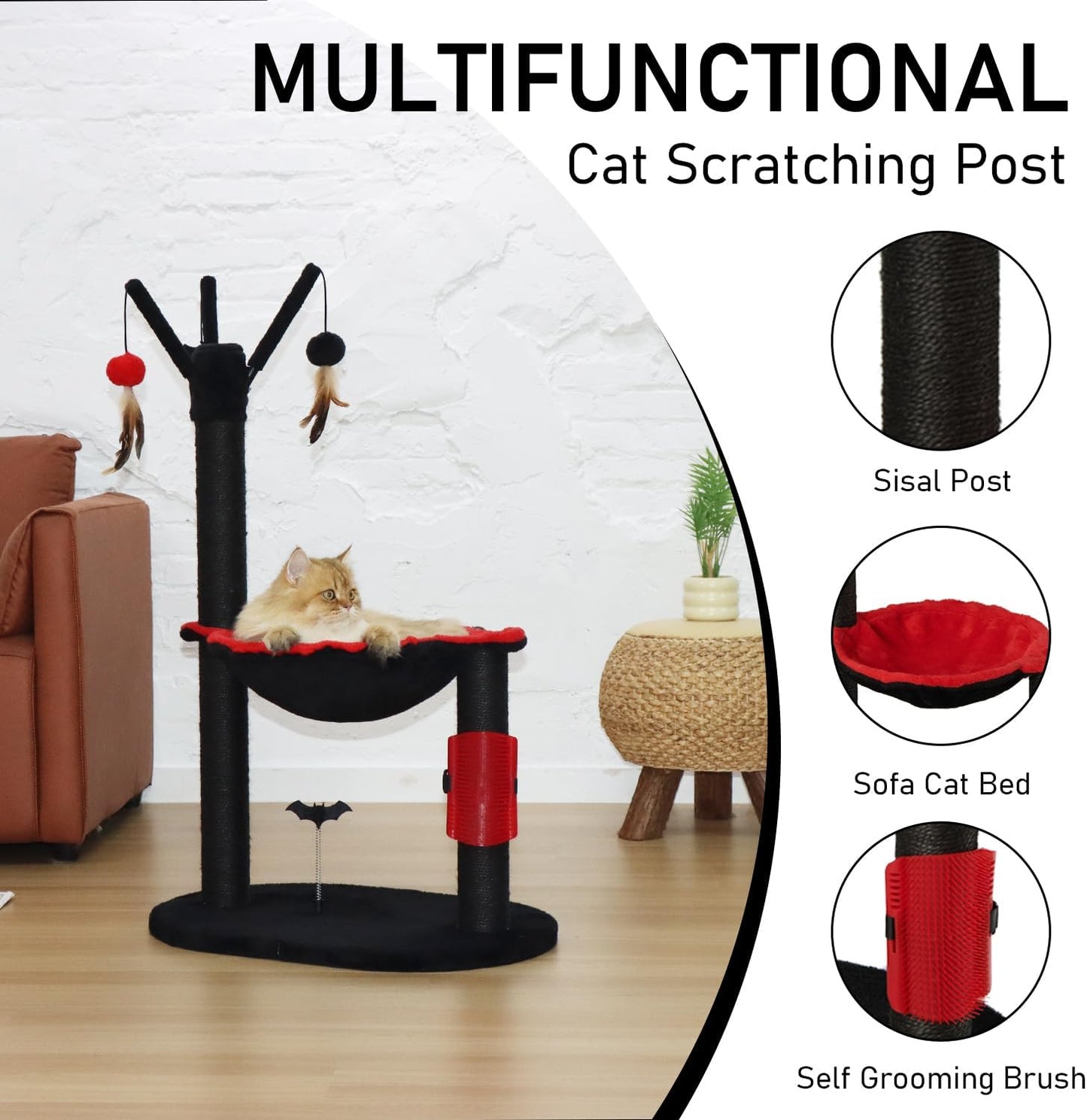 Cat Tree for Indoor Cats 35" Tall Cat Scratching Post with Large Cat Hammcok and Hanging Ball Toys Plant Green