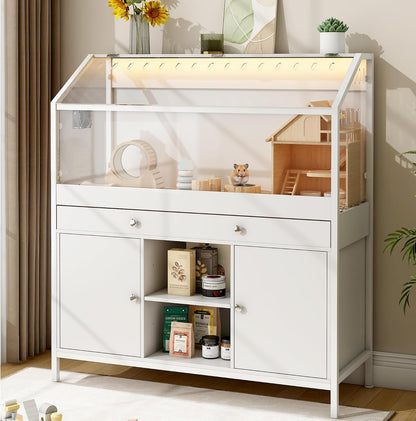 Hamster Cage with Storage Cabinet,43.3" Small Animal Cage with LED Lights and Fan, Easy View Acrylic Panel, Large Habitat for Guinea Pig, Hedgehog,Rat 43.3"x 15.7"x 43.3"