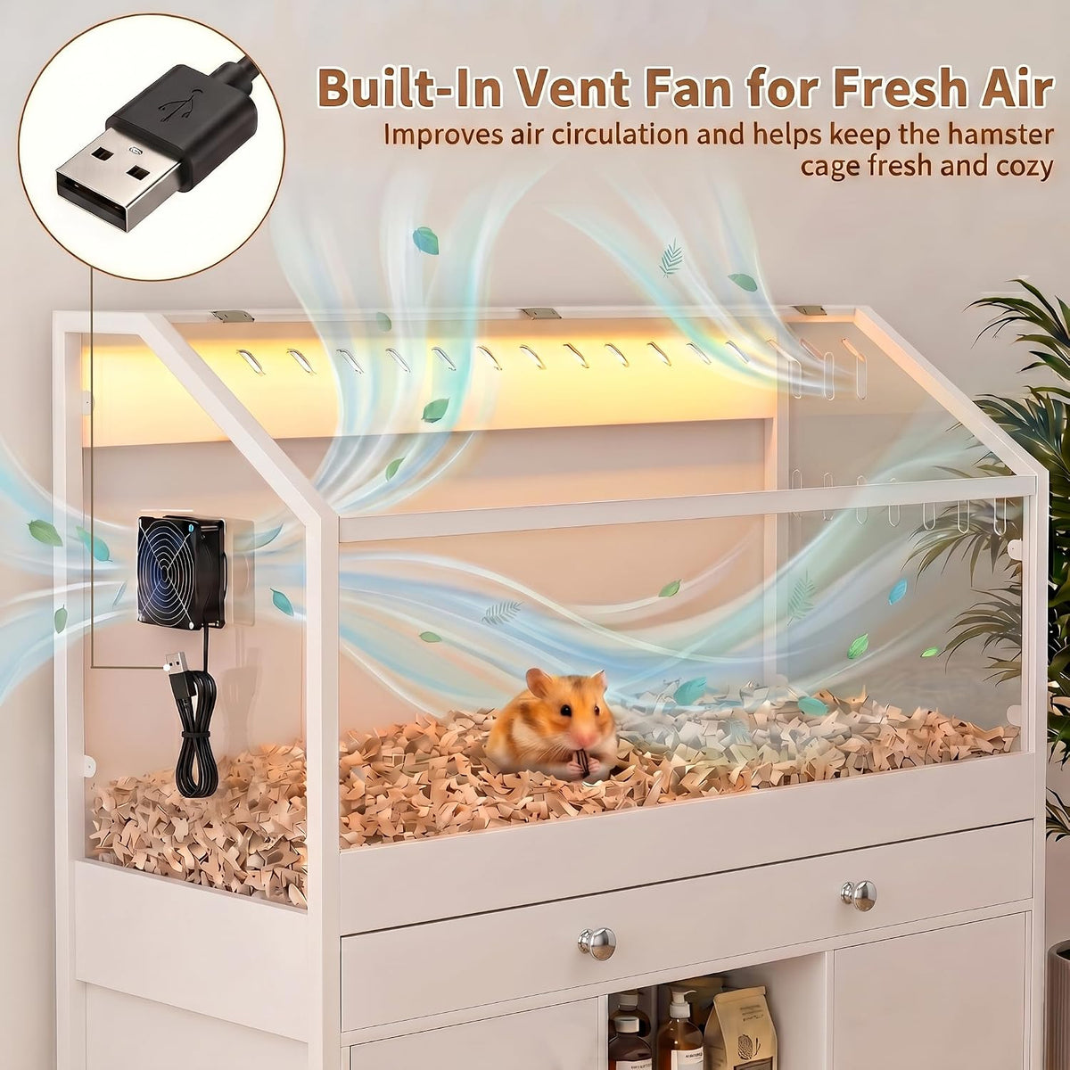 Hamster Cage with Storage Cabinet,43.3" Small Animal Cage with LED Lights and Fan, Easy View Acrylic Panel, Large Habitat for Guinea Pig, Hedgehog,Rat 43.3"x 15.7"x 43.3"