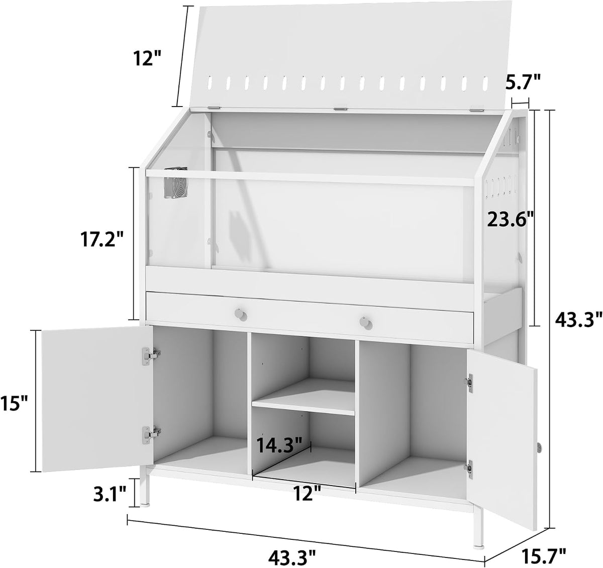 Hamster Cage with Storage Cabinet,43.3" Small Animal Cage with LED Lights and Fan, Easy View Acrylic Panel, Large Habitat for Guinea Pig, Hedgehog,Rat 43.3"x 15.7"x 43.3"
