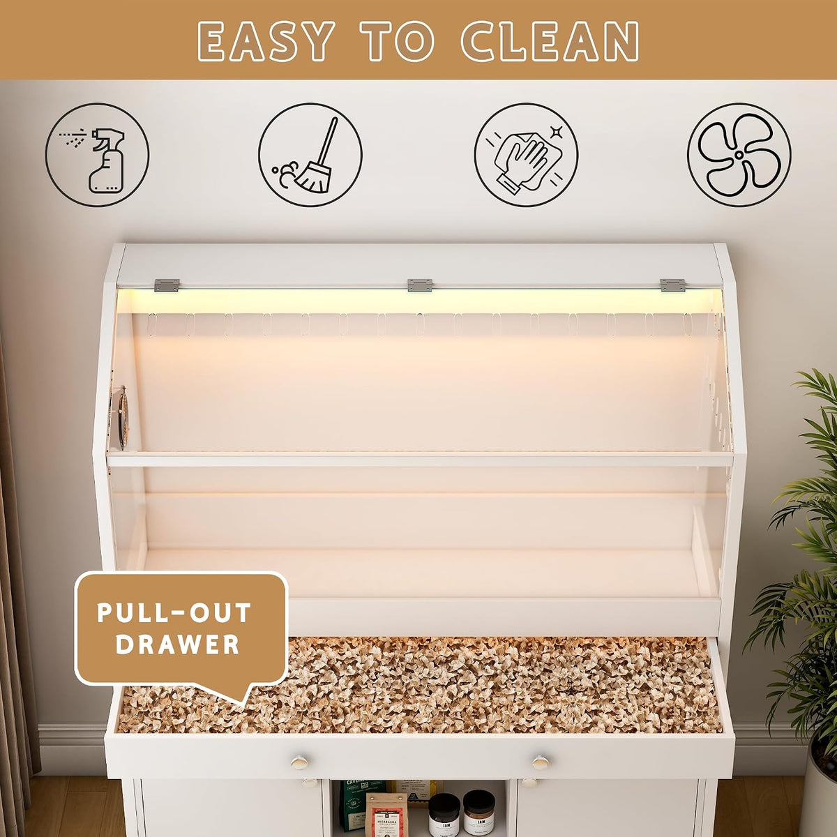Hamster Cage with Storage Cabinet,43.3" Small Animal Cage with LED Lights and Fan, Easy View Acrylic Panel, Large Habitat for Guinea Pig, Hedgehog,Rat 43.3"x 15.7"x 43.3"