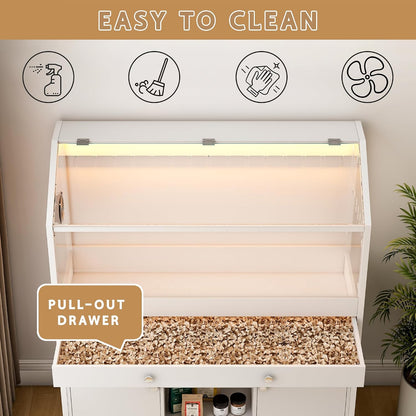 Hamster Cage with Storage Cabinet,43.3" Small Animal Cage with LED Lights and Fan, Easy View Acrylic Panel, Large Habitat for Guinea Pig, Hedgehog,Rat 43.3"x 15.7"x 43.3"