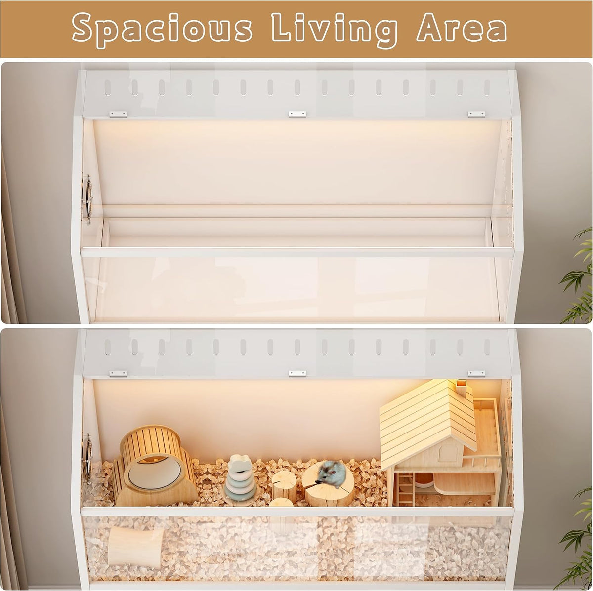 Hamster Cage with Storage Cabinet,43.3" Small Animal Cage with LED Lights and Fan, Easy View Acrylic Panel, Large Habitat for Guinea Pig, Hedgehog,Rat 43.3"x 15.7"x 43.3"