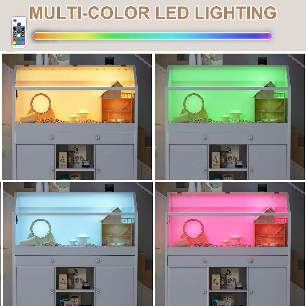 Hamster Cage with Storage Cabinet,43.3" Small Animal Cage with LED Lights and Fan, Easy View Acrylic Panel, Large Habitat for Guinea Pig, Hedgehog,Rat 43.3"x 15.7"x 43.3"